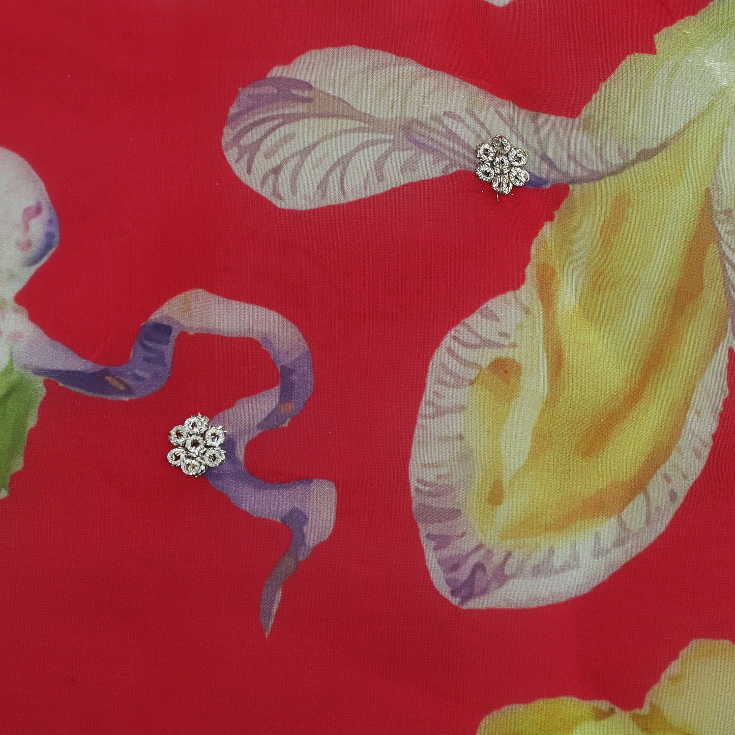 Red Color Organza Print Embroidery Fabric