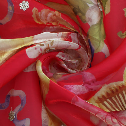 Red Color Organza Print Embroidery Fabric