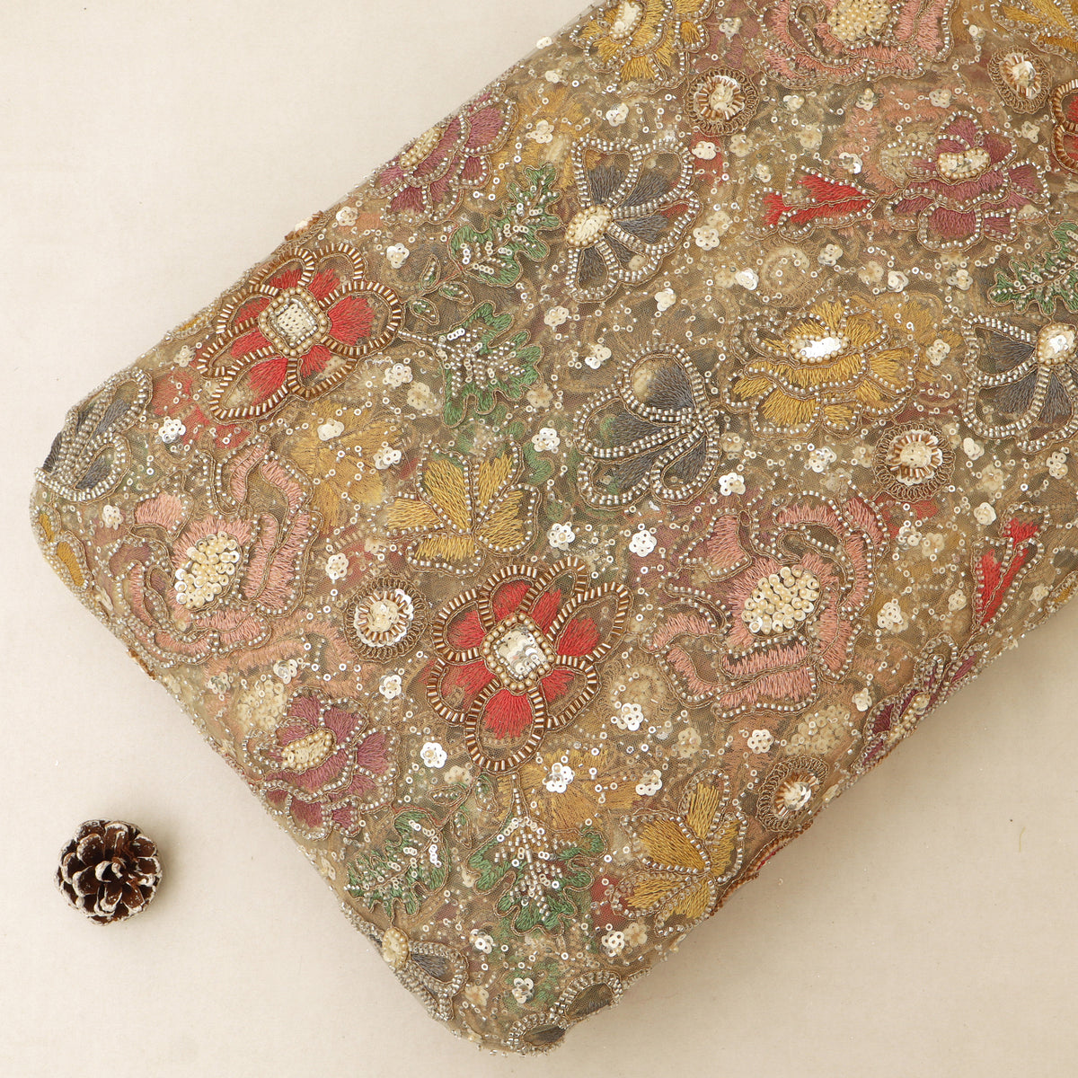 Multi Color Floral Sequins Net Embroidery Fabric