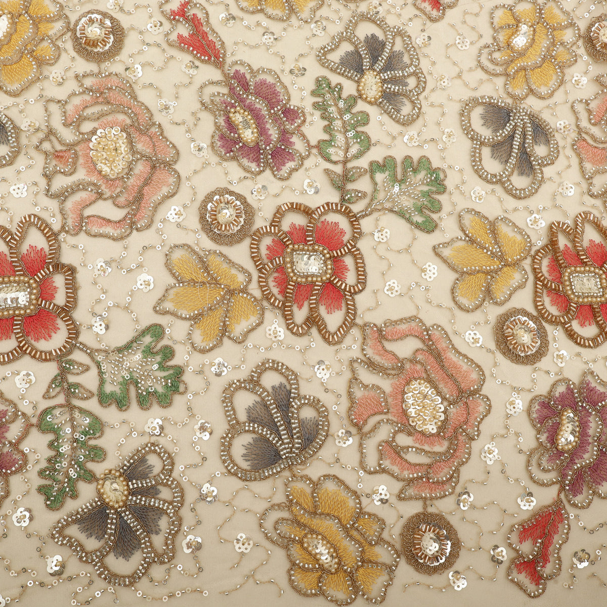 Multi Color Floral Sequins Net Embroidery Fabric