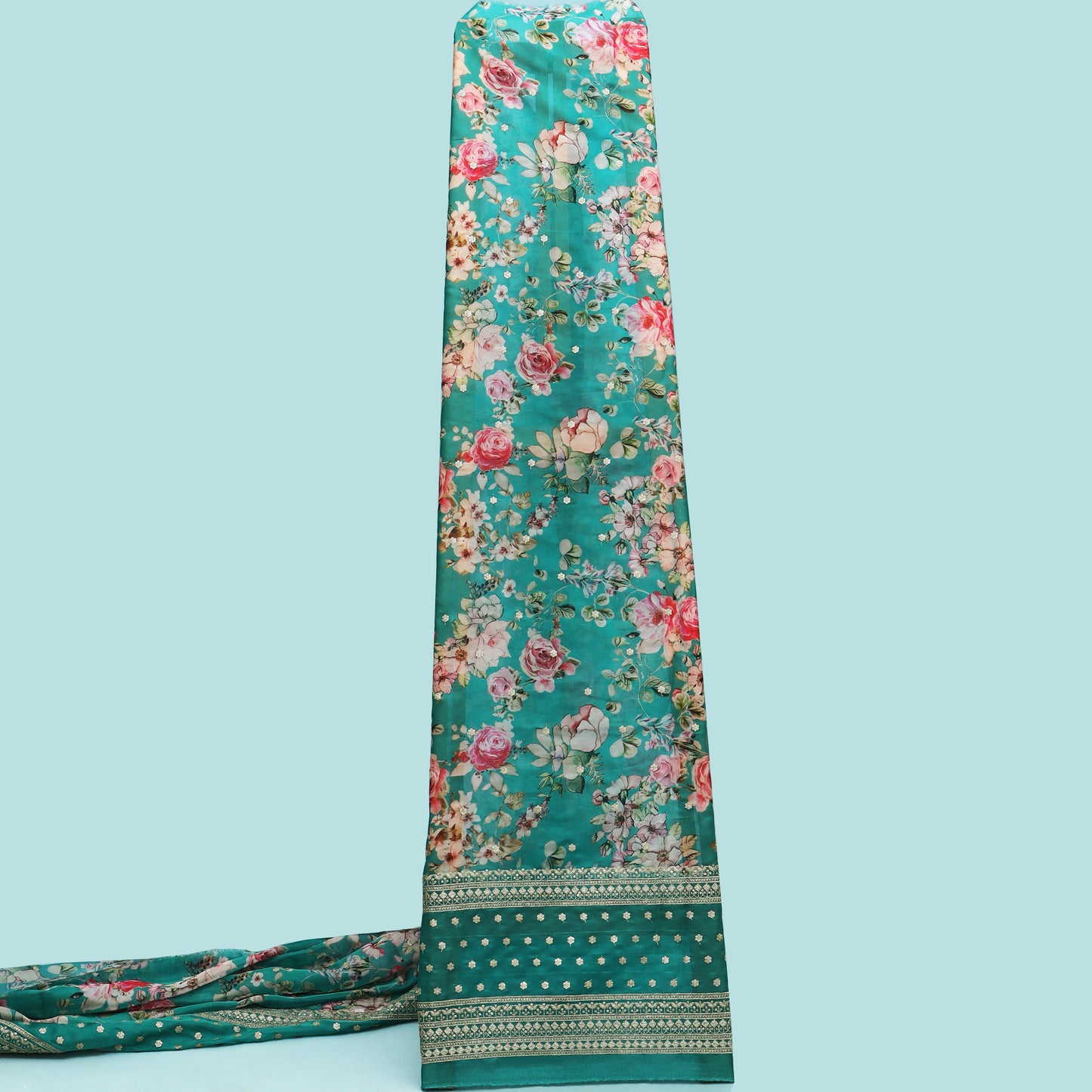 Rama Green Color Organza Print Embroidery Fabric