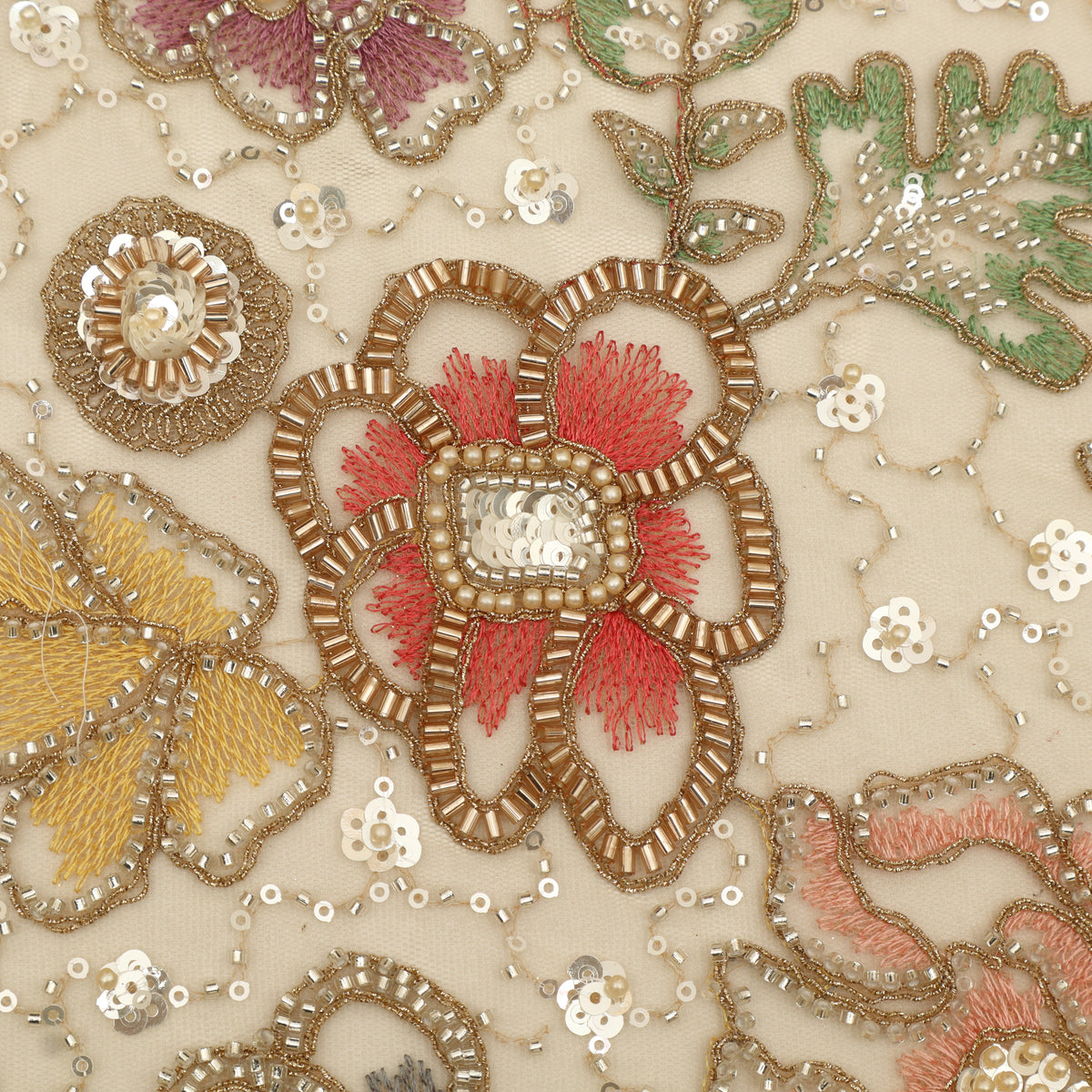 Multi Color Floral Sequins Net Embroidery Fabric