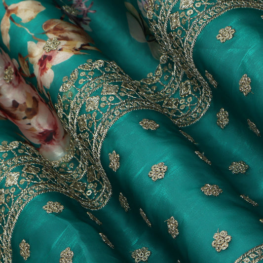 Rama Green Color Organza Print Embroidery Fabric