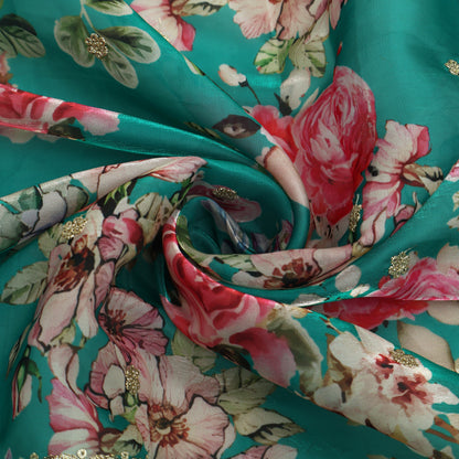 Rama Green Color Organza Print Embroidery Fabric