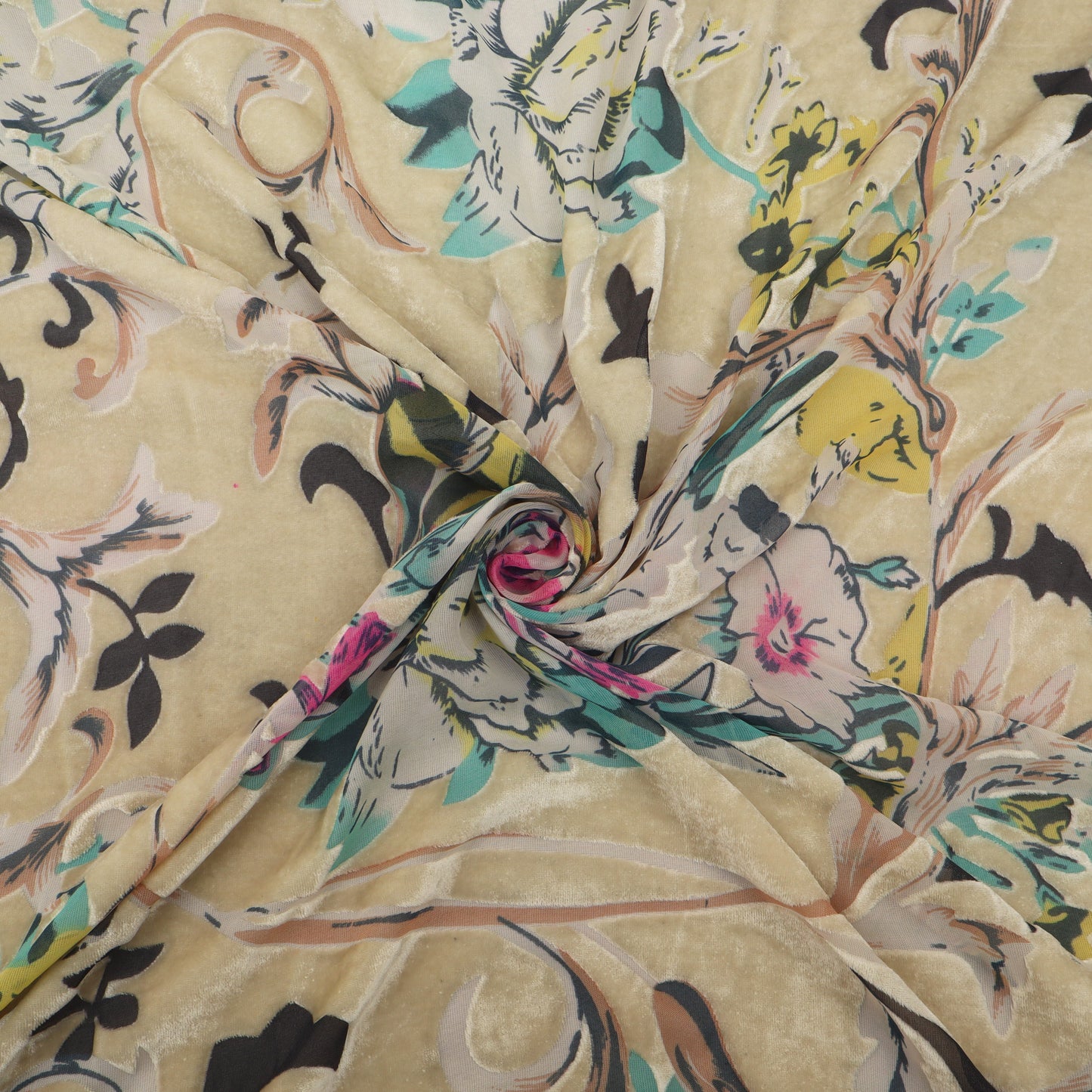 Multicolor Floral Patterns Brasso Velvet Fabric