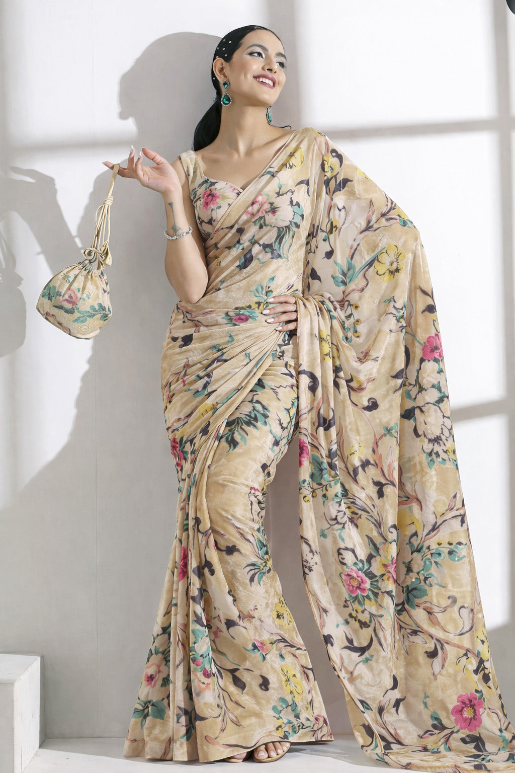 Multicolor Floral Patterns Brasso Velvet Fabric