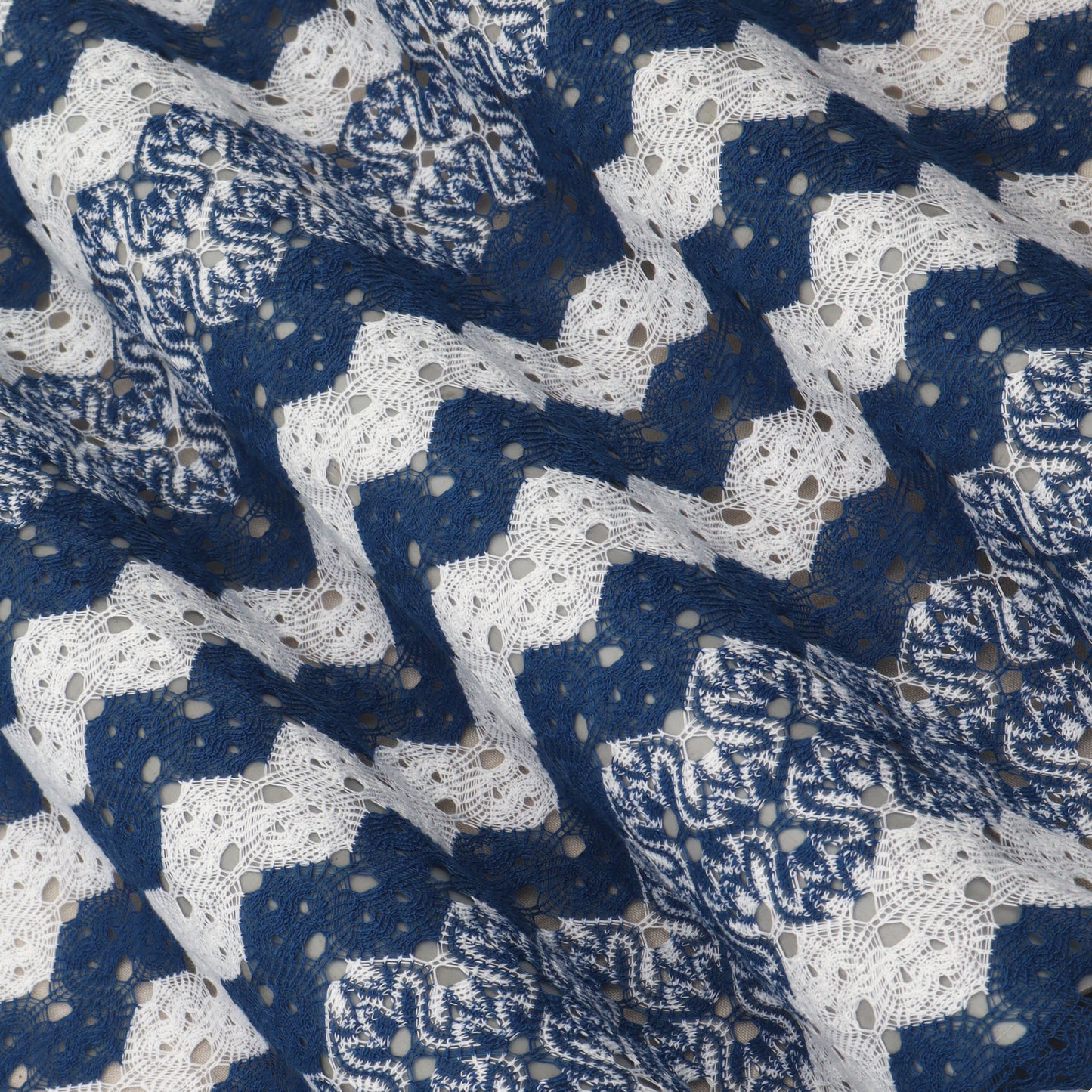 White & Blue Zig Zag Pattern Crosia Fabric