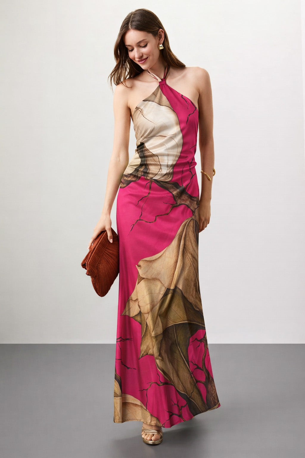 Pink & Rusty Color Satin Fabric With Floral Design