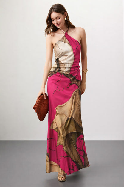 Pink & Rusty Color Satin Fabric With Floral Design