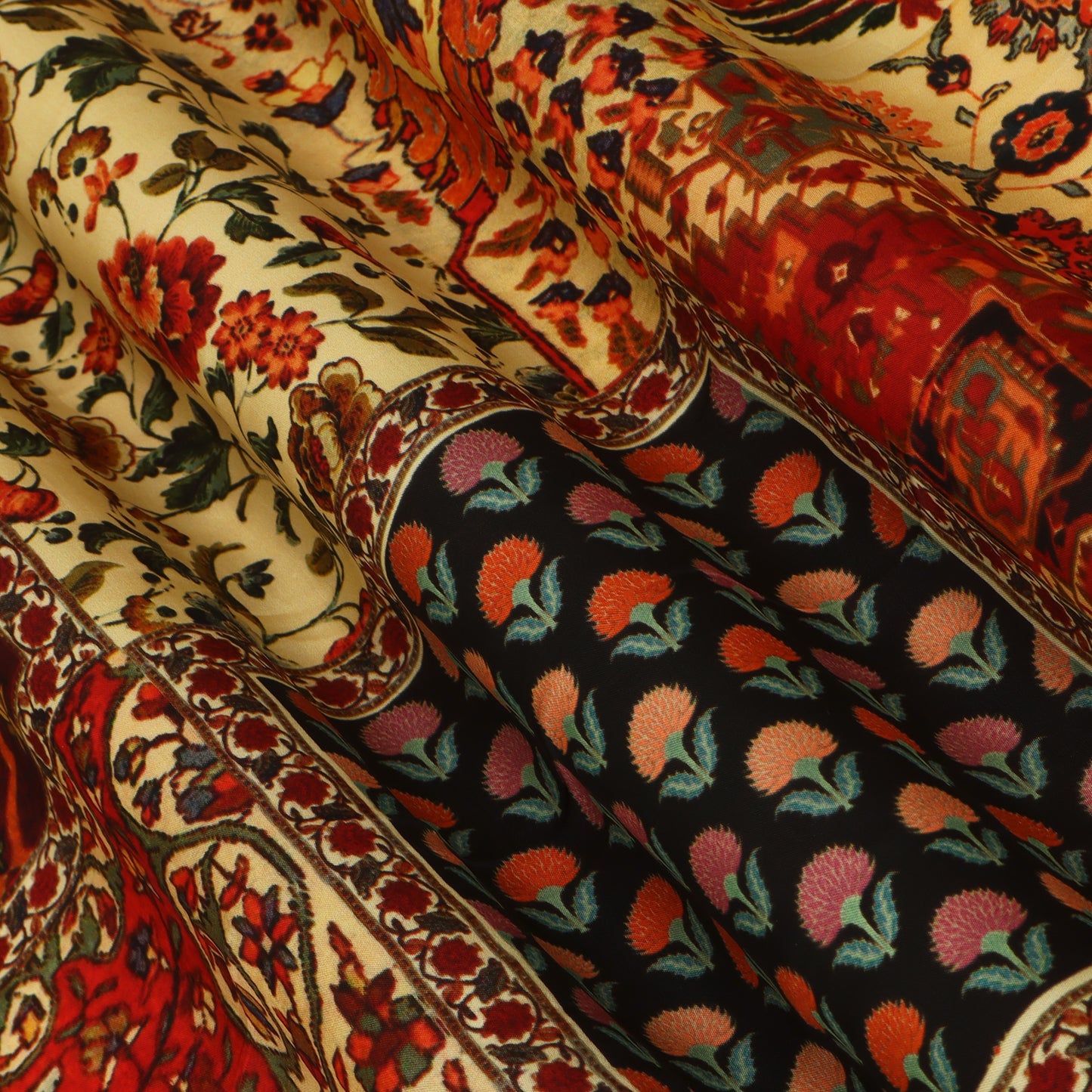 Brown Color Tone Floral Style Satin Fabric