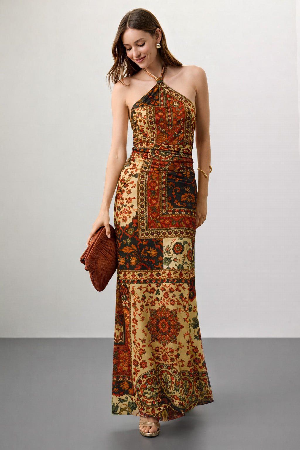 Brown Color Tone Floral Style Satin Fabric