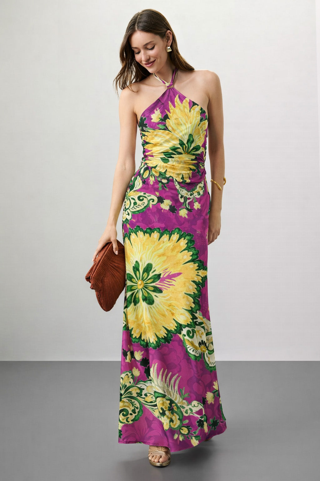 Pink Color Satin Fabric With Floral Print