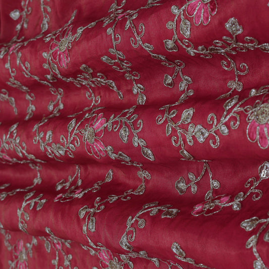Magenta Color Tissue Zari Embroidery Fabric