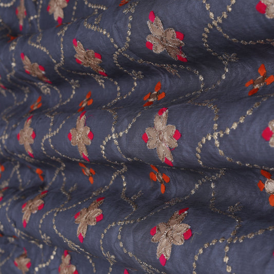 Grey Color Chinon Embroidery Fabric