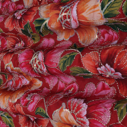 Multi-Color Crepe Position Print Embroidery Fabric