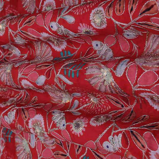 RED Color Crepe Position Print Embroidery Fabric