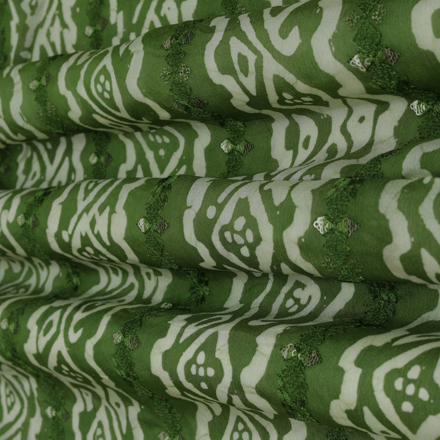 Green Color Chinon Chiffon Print Embroidery Fabric