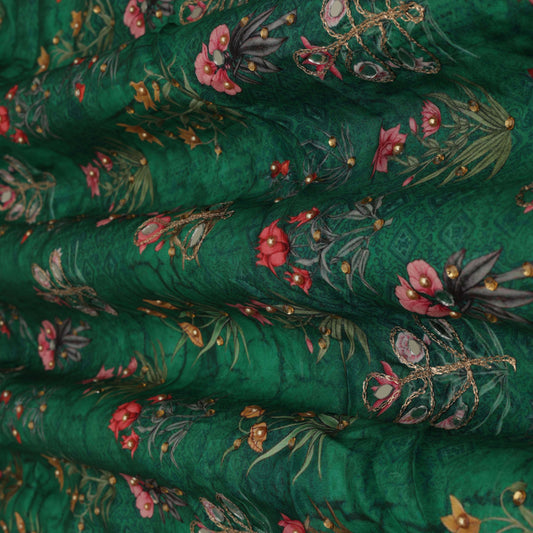 Green Color Crepe Print Mirror Work Fabric