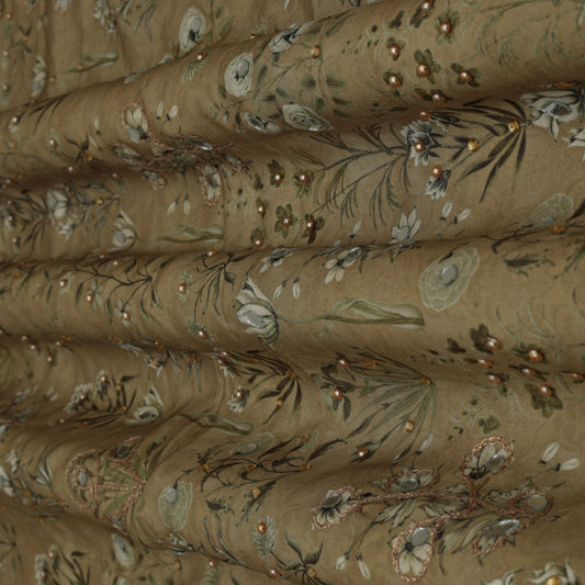 Green Color Crepe Print Mirror Work Fabric