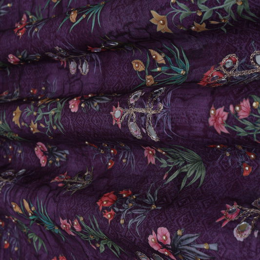 PURPLE Color Crepe Print Mirror Work Fabric