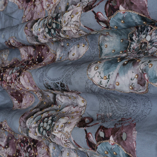 Grey Color Crepe Print Mirror Work Fabric