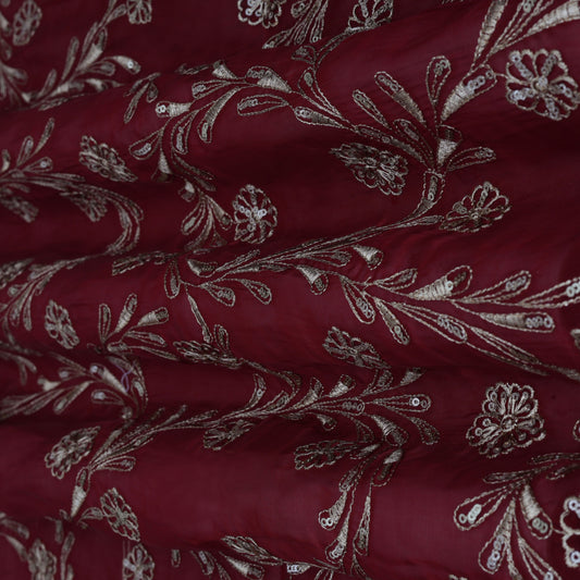 Maroon Color Satin Organza Embroidery Fabric