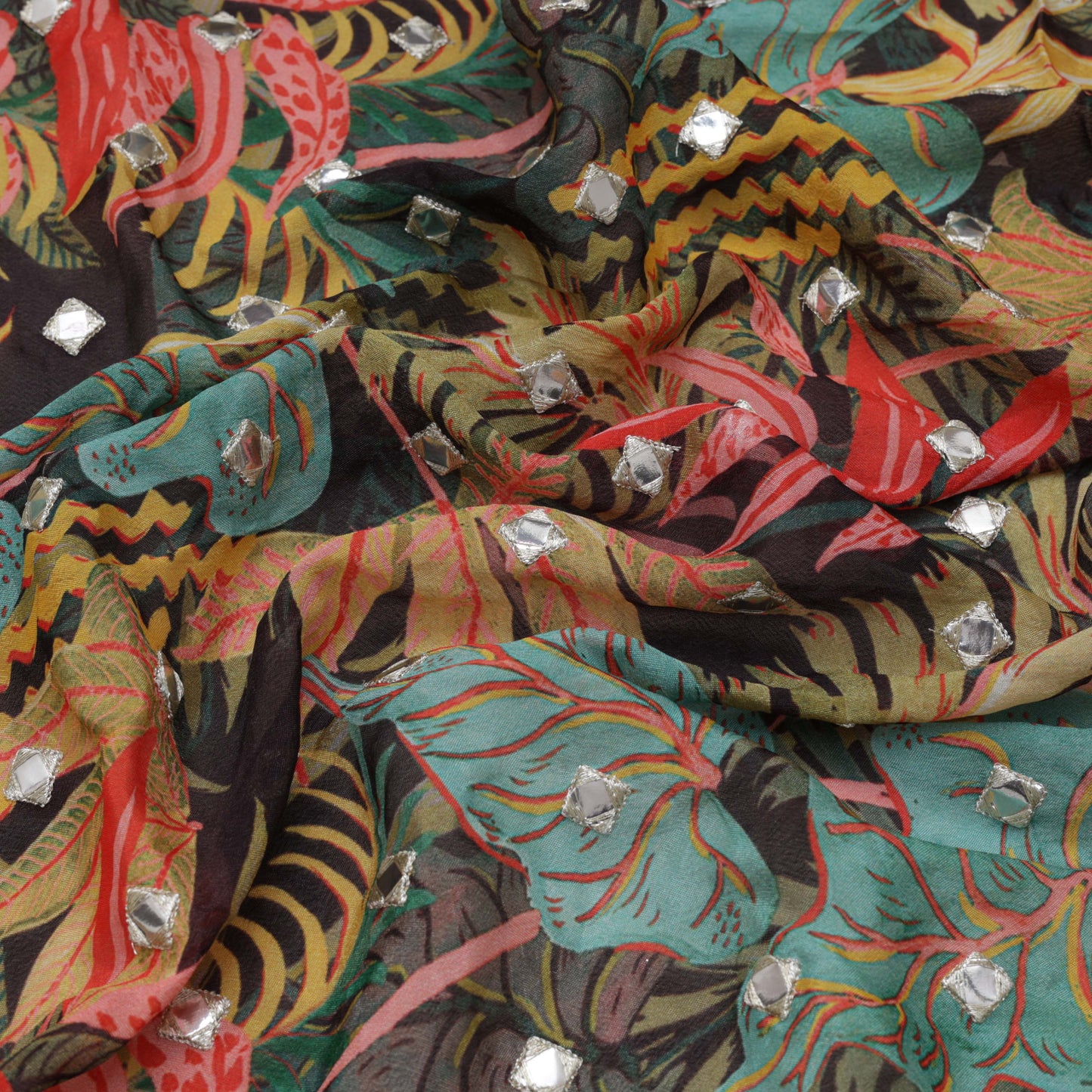 Florals Chinon Chiffon Print Mirror Work Fabric