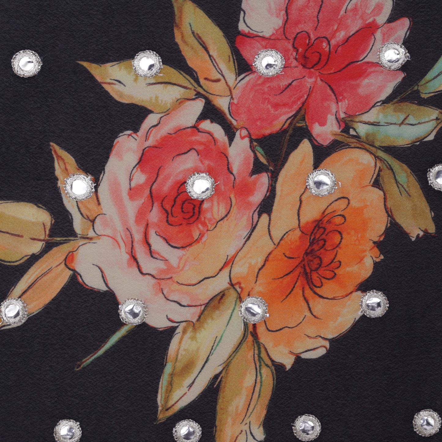 Flower Print Chinon Chiffon Mirror Work Fabric