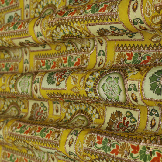 YELLOW Color Crepe Position Print Embroidery Fabric