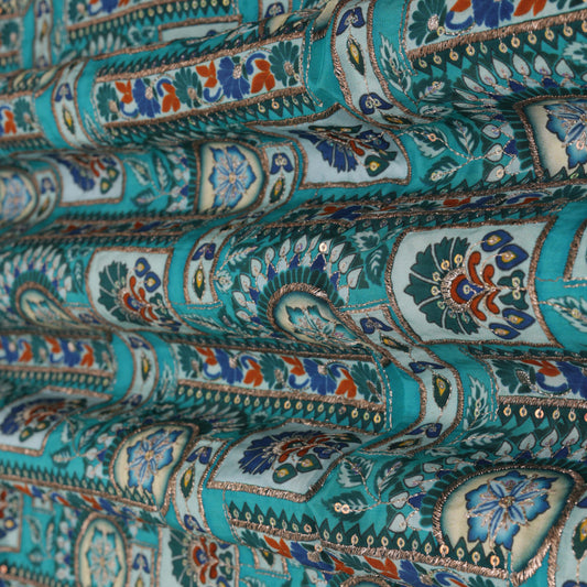 Teal Blue Color Crepe Position Print Embroidery Fabric