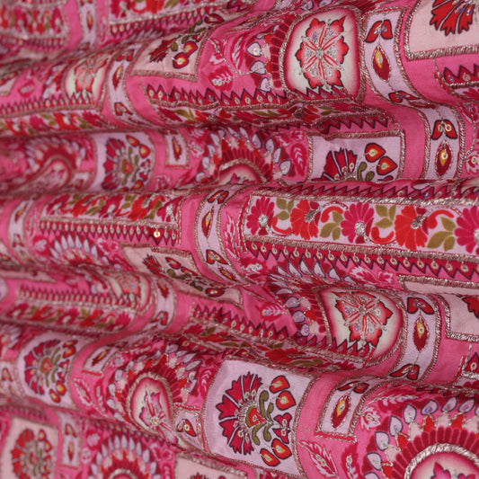 PINK Color Crepe Position Print Embroidery Fabric