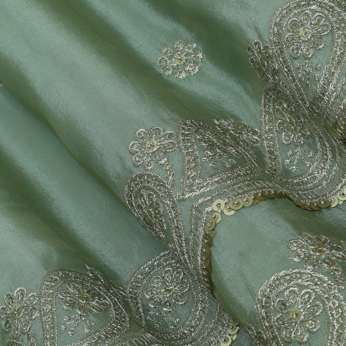 Sea Green Color Tissue border embroidery Fabric