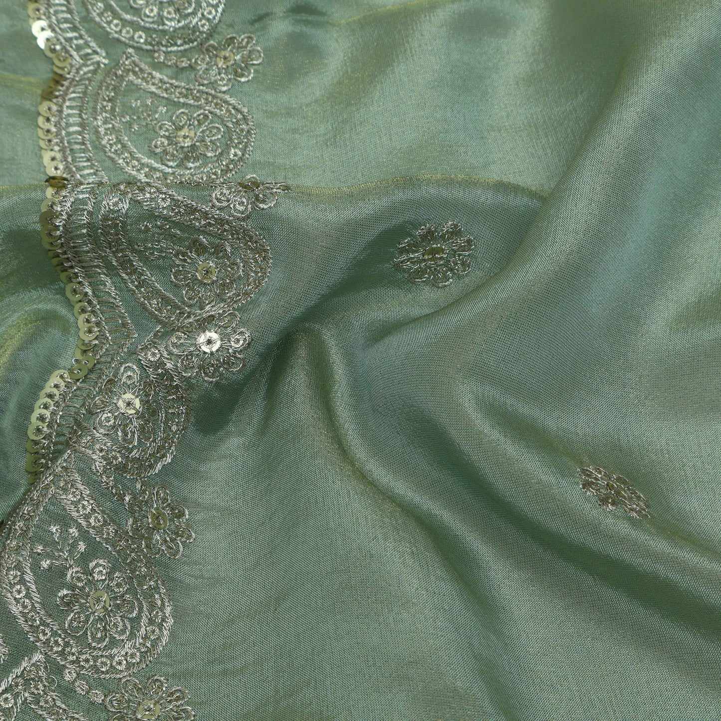 Sea Green Color Tissue border embroidery Fabric