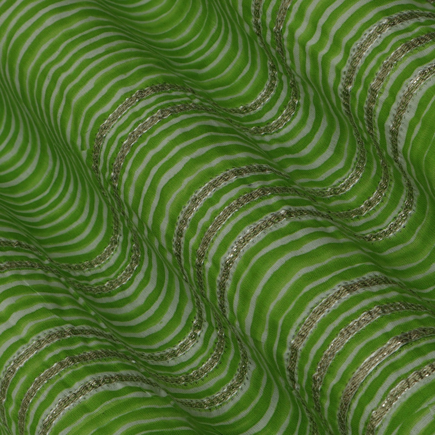 Green Color Cotton Print Gota Work Fabric