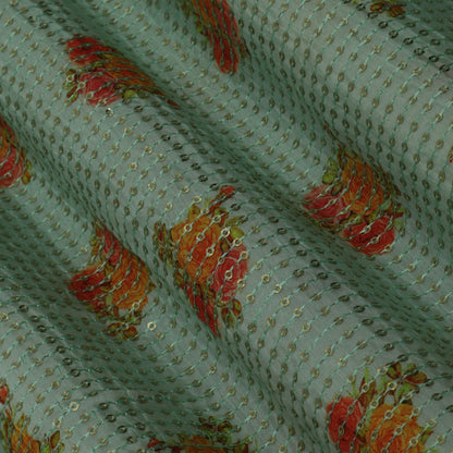 Sea Green Color MulMul silk Print Embroidery Fabric