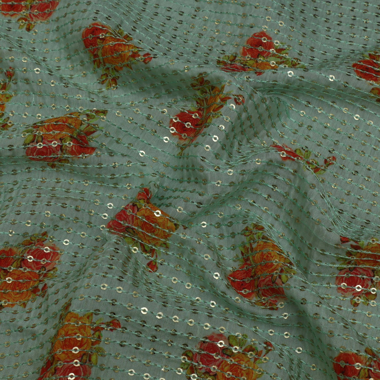 Sea Green Color MulMul silk Print Embroidery Fabric