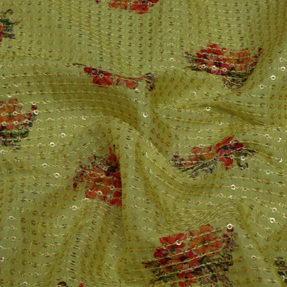 YELLOW Color MulMul silk Print Embroidery Fabric