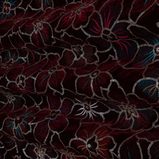 Wine Color Velvet Embroidery Fabric